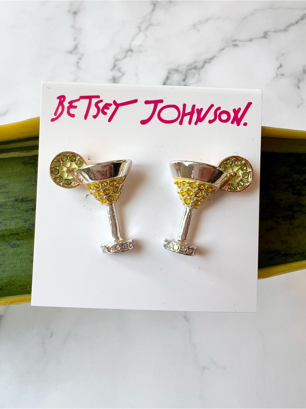 NWT Betsey Johnson Yellow and Lime Martini Cocktail Stud Earrings